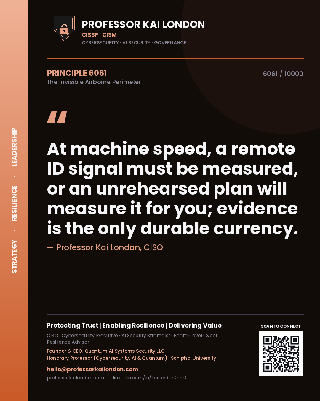Quote card by Professor Kai London reading 'At machine speed, a remote ID signal must be measured, or an unrehearsed plan will measure it for you; evidence is the only durable currency.'. From the book The Invisible Airborne Perimeter.