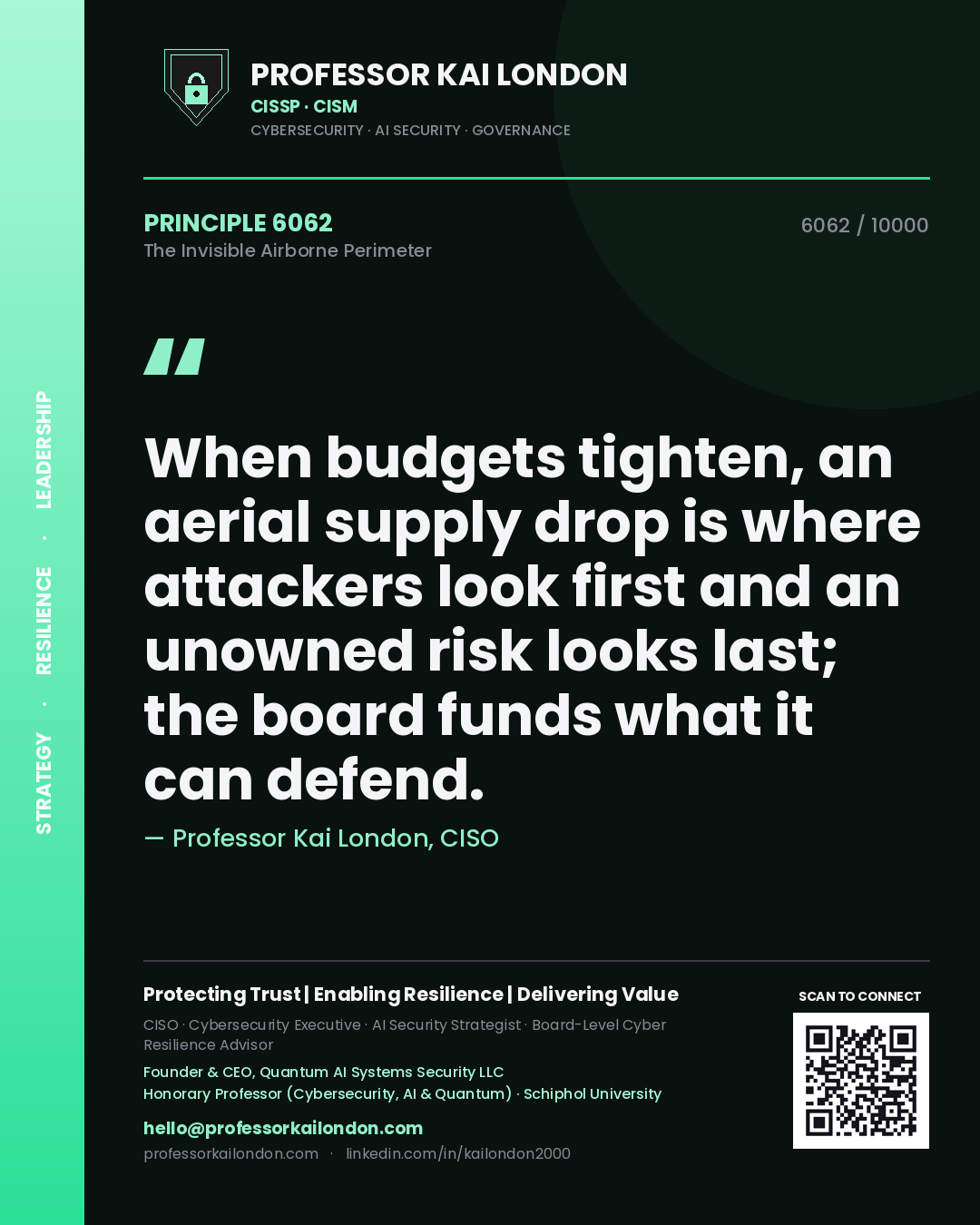 Quote card by Professor Kai London reading 'When budgets tighten, an aerial supply drop is where attackers look first and an unowned risk looks last; the board funds what it can defend.'. From the book The Invisible Airborne Perimeter.