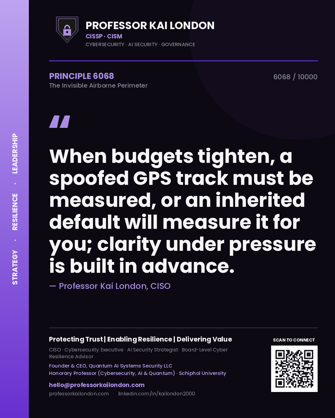 Quote card by Professor Kai London reading 'When budgets tighten, a spoofed GPS track must be measured, or an inherited default will measure it for you; clarity under pressure is built in advance.'. From the book The Invisible Airborne Perimeter.