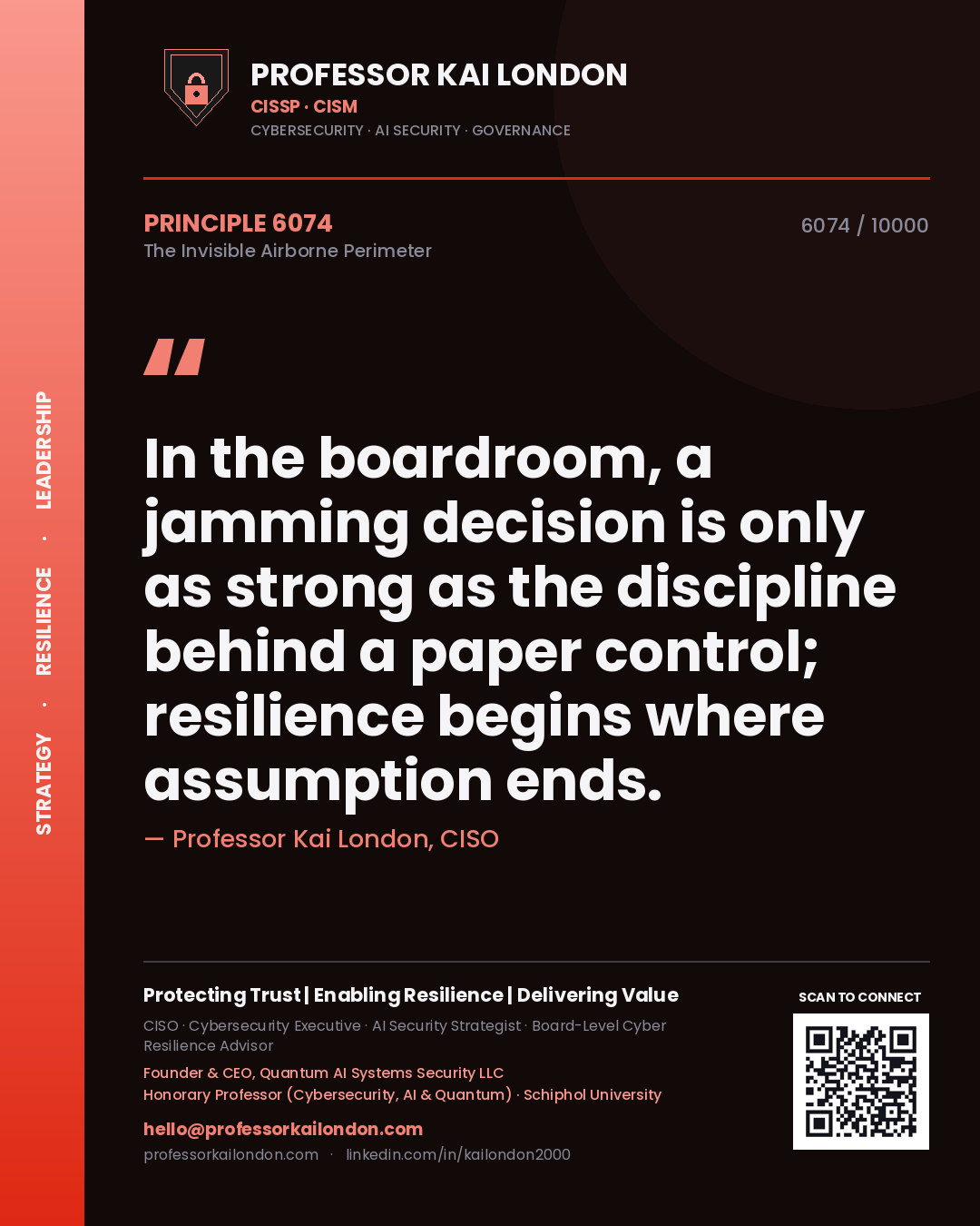Quote card by Professor Kai London reading 'In the boardroom, a jamming decision is only as strong as the discipline behind a paper control; resilience begins where assumption ends.'. From the book The Invisible Airborne Perimeter.