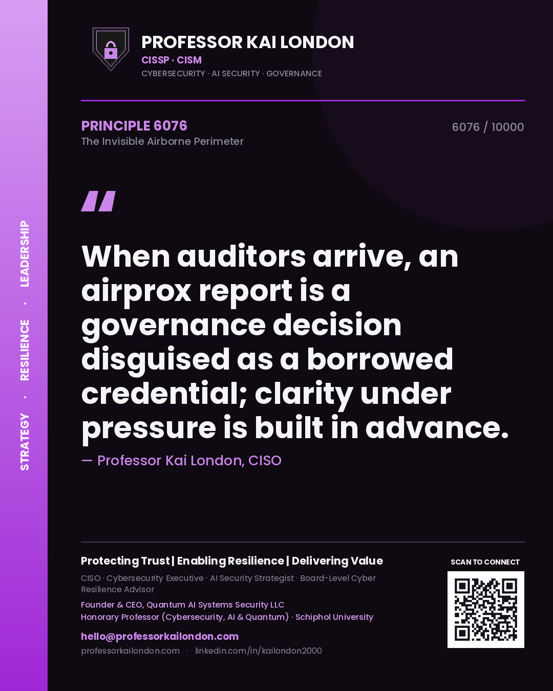 Quote card by Professor Kai London reading 'When auditors arrive, an airprox report is a governance decision disguised as a borrowed credential; clarity under pressure is built in advance.'. From the book The Invisible Airborne Perimeter.