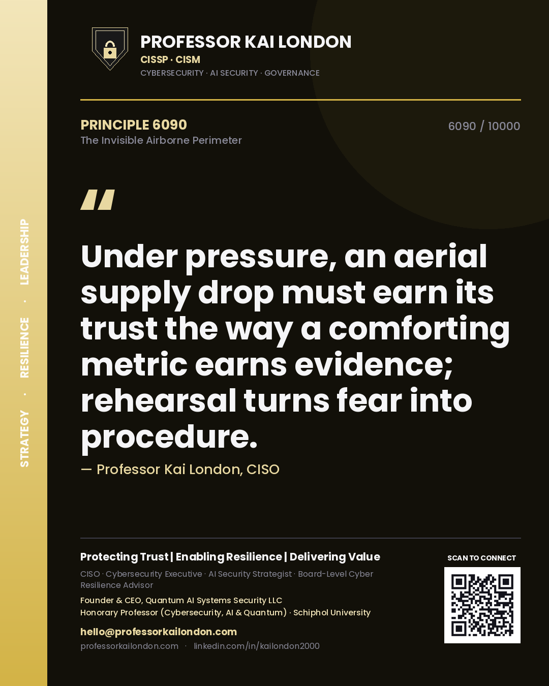 Professor Kai London principle 6090: Under pressure, an aerial supply drop must earn its trust the way a comforting metric earns evidence; rehearsal turns fear into procedure.