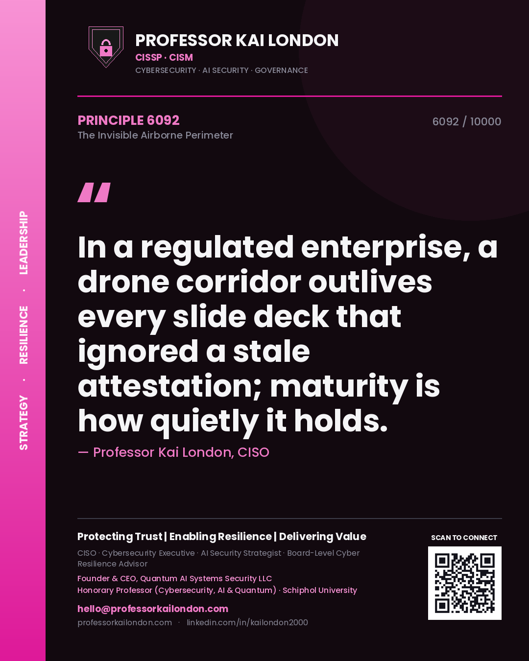 Quote card by Professor Kai London reading 'In a regulated enterprise, a drone corridor outlives every slide deck that ignored a stale attestation; maturity is how quietly it holds.'. From the book The Invisible Airborne Perimeter.