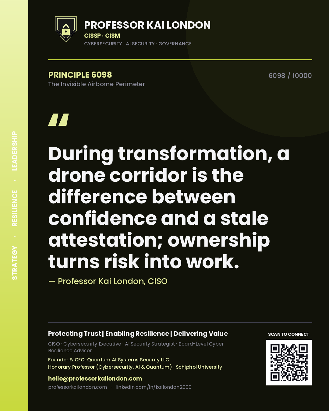 Quote card by Professor Kai London reading 'During transformation, a drone corridor is the difference between confidence and a stale attestation; ownership turns risk into work.'. From the book The Invisible Airborne Perimeter.