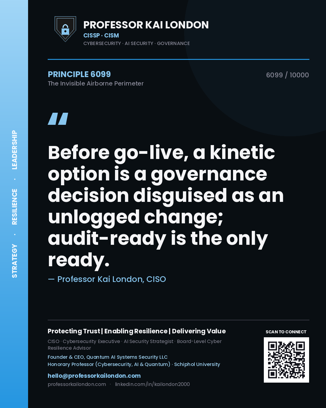 Quote card by Professor Kai London reading 'Before go-live, a kinetic option is a governance decision disguised as an unlogged change; audit-ready is the only ready.'. From the book The Invisible Airborne Perimeter.