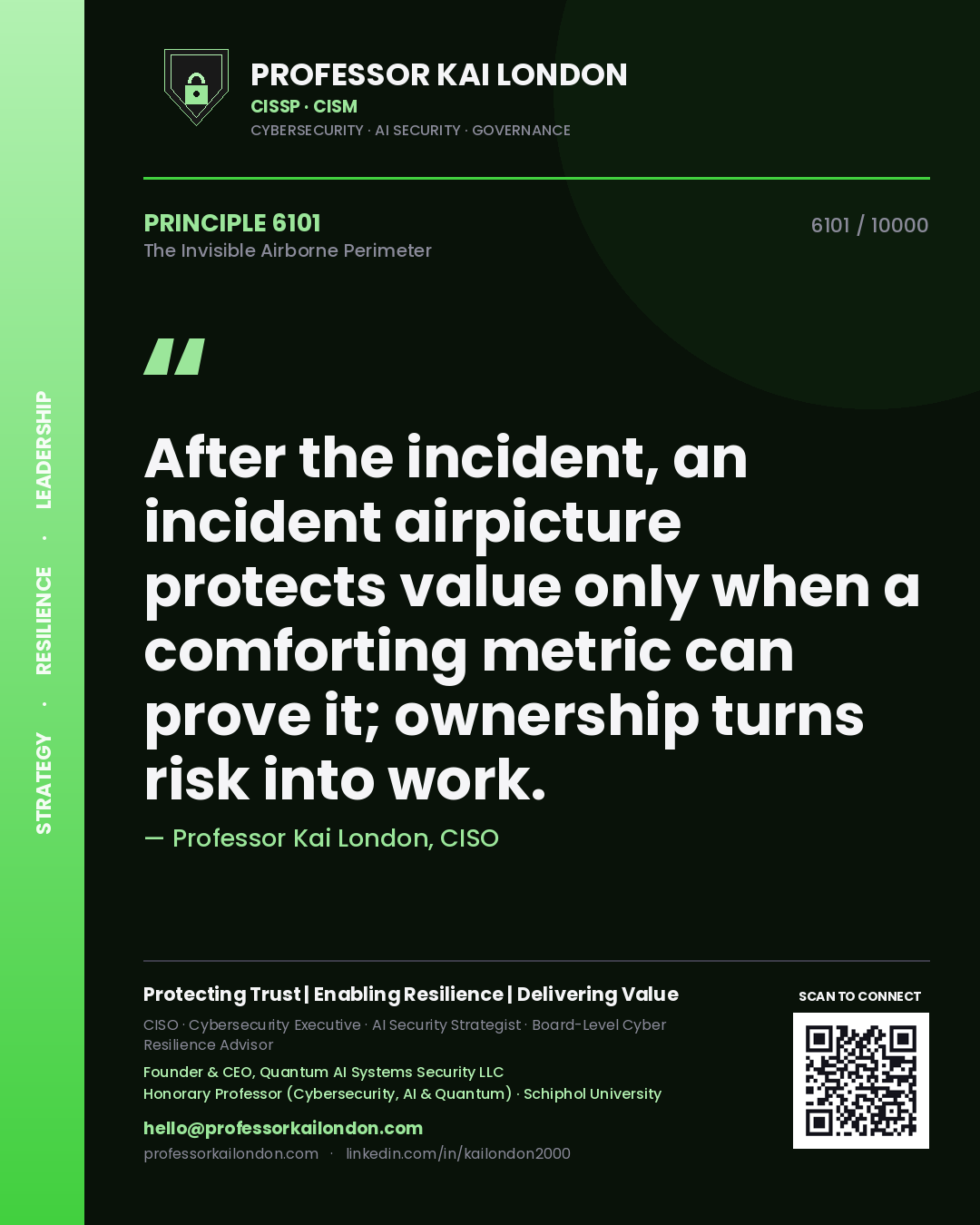 Quote card by Professor Kai London reading 'After the incident, an incident airpicture protects value only when a comforting metric can prove it; ownership turns risk into work.'. From the book The Invisible Airborne Perimeter.