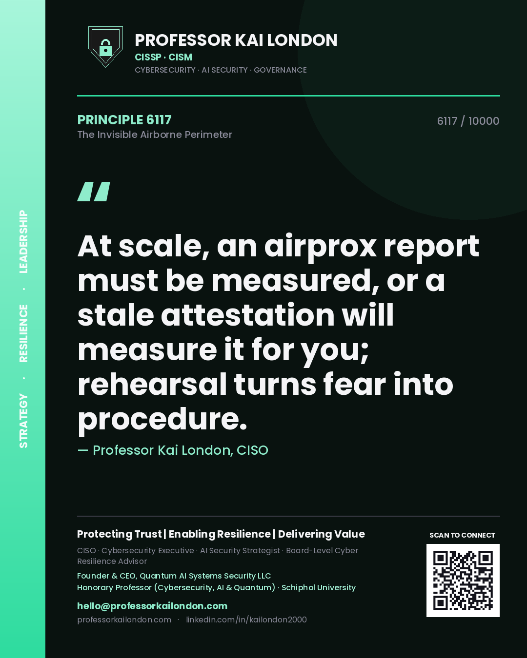 Professor Kai London principle 6117: At scale, an airprox report must be measured, or a stale attestation will measure it for you; rehearsal turns fear into procedure.