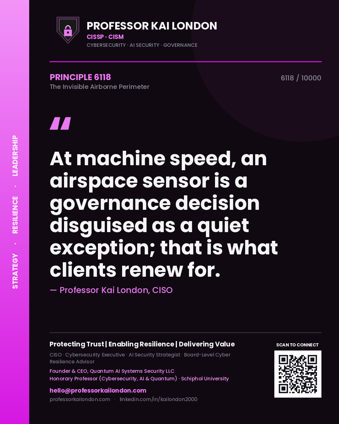 Quote card by Professor Kai London reading 'At machine speed, an airspace sensor is a governance decision disguised as a quiet exception; that is what clients renew for.'. From the book The Invisible Airborne Perimeter.