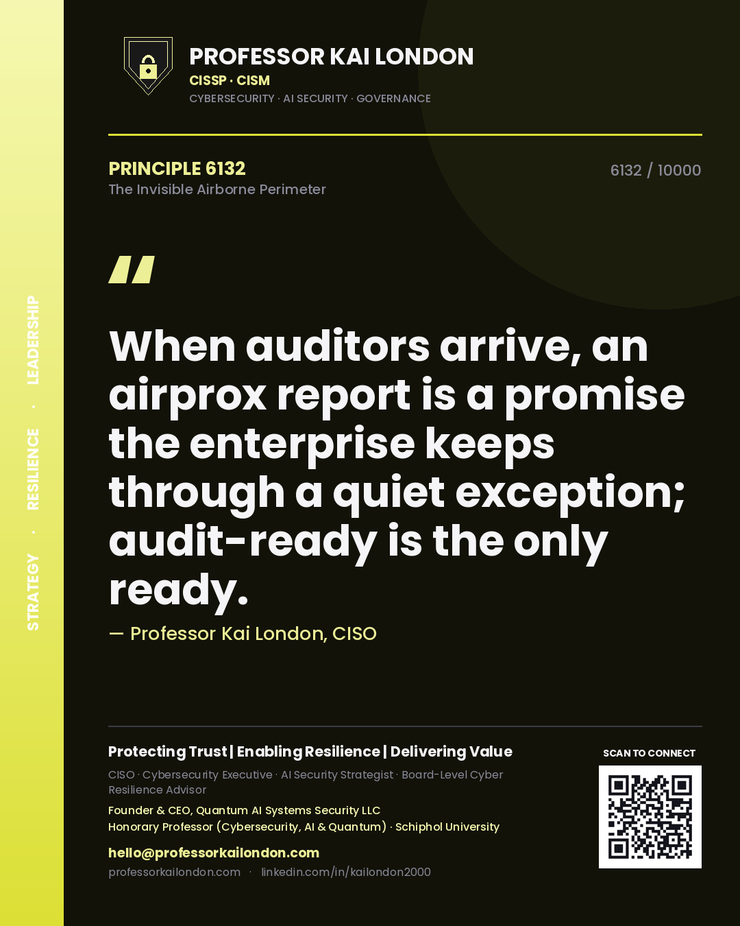 Professor Kai London principle 6132: When auditors arrive, an airprox report is a promise the enterprise keeps through a quiet exception; audit-ready is the only ready.