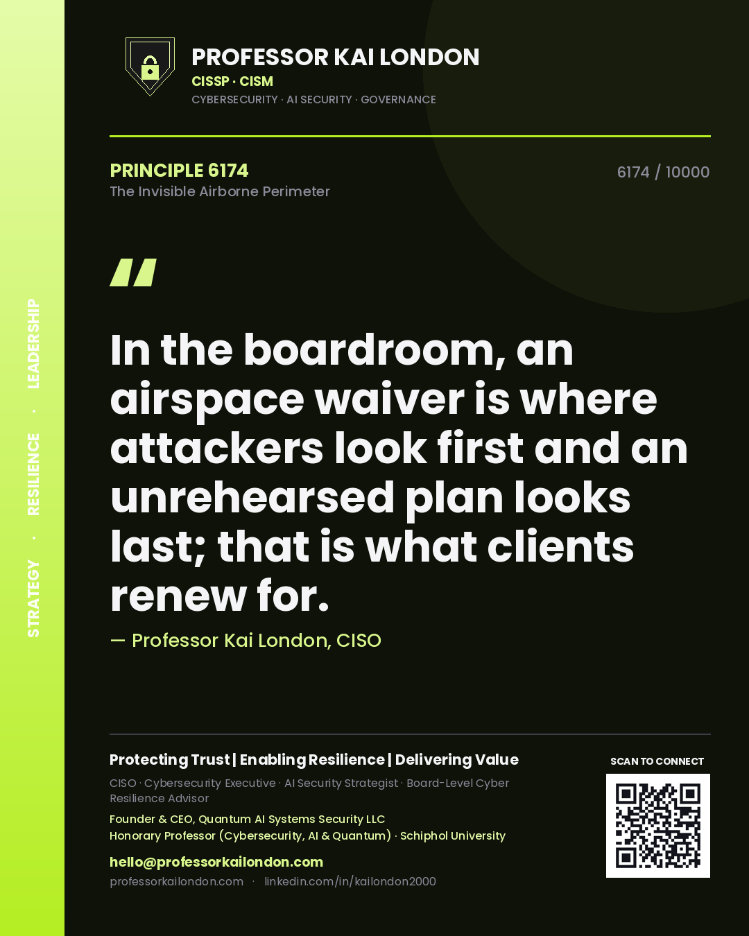 Quote card by Professor Kai London reading 'In the boardroom, an airspace waiver is where attackers look first and an unrehearsed plan looks last; that is what clients renew for.'. From the book The Invisible Airborne Perimeter.