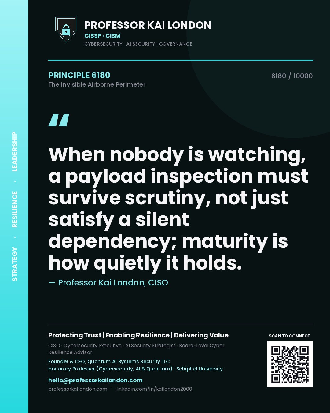 Quote card by Professor Kai London reading 'When nobody is watching, a payload inspection must survive scrutiny, not just satisfy a silent dependency; maturity is how quietly it holds.'. From the book The Invisible Airborne Perimeter.