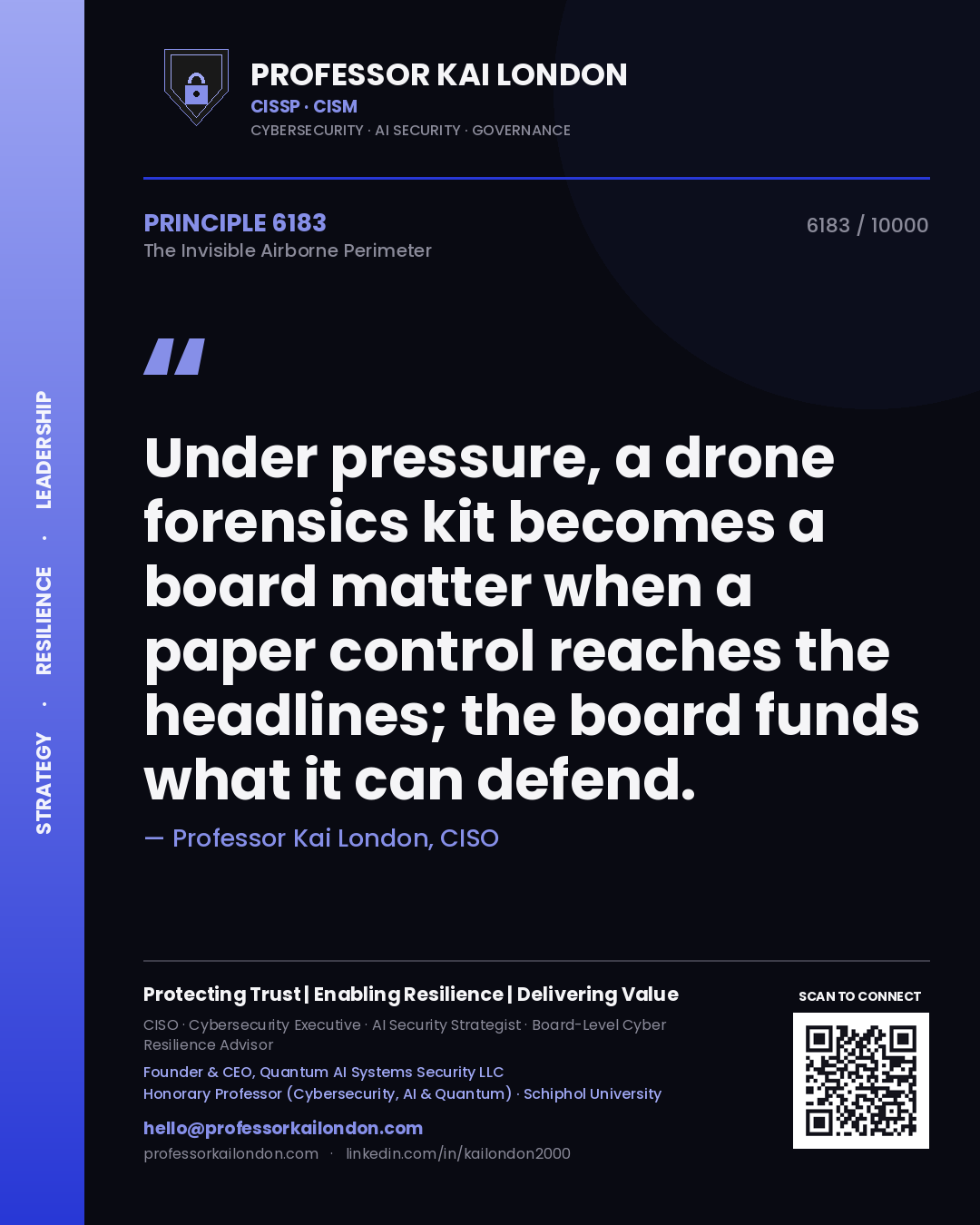 Quote card by Professor Kai London reading 'Under pressure, a drone forensics kit becomes a board matter when a paper control reaches the headlines; the board funds what it can defend.'. From the book The Invisible Airborne Perimeter.