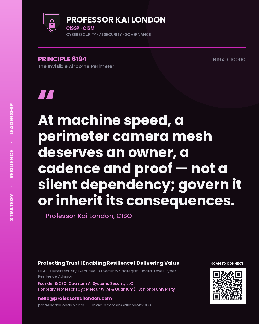 Quote card by Professor Kai London reading 'At machine speed, a perimeter camera mesh deserves an owner, a cadence and proof — not a silent dependency; govern it or inherit its consequences.'. From the book The Invisible Airborne Perimeter.