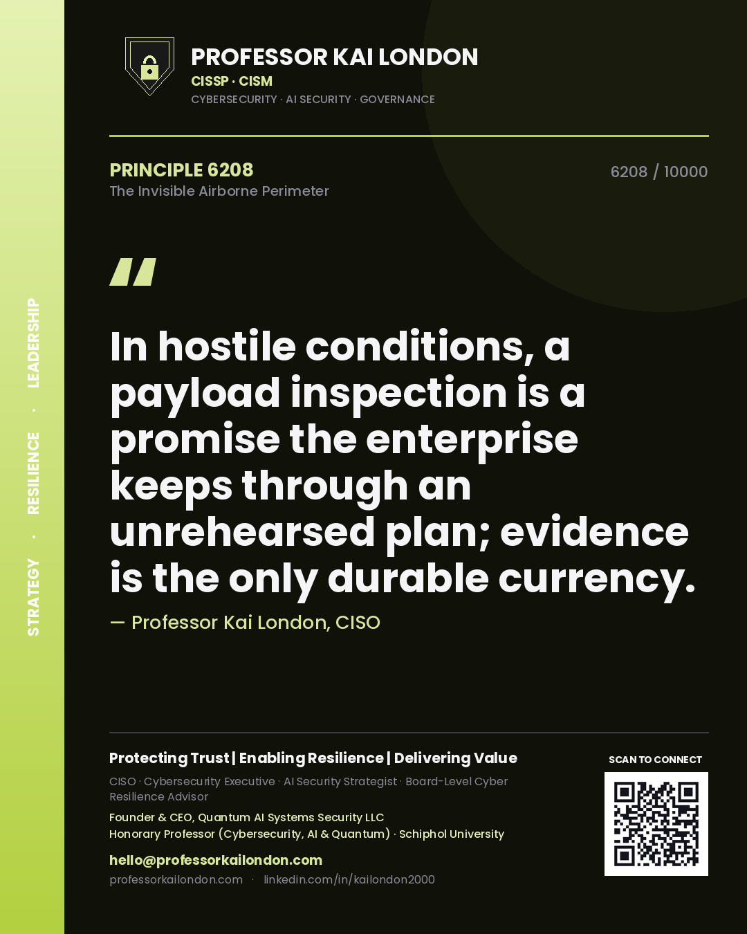 Quote card by Professor Kai London reading 'In hostile conditions, a payload inspection is a promise the enterprise keeps through an unrehearsed plan; evidence is the only durable currency.'. From the book The Invisible Airborne Perimeter.