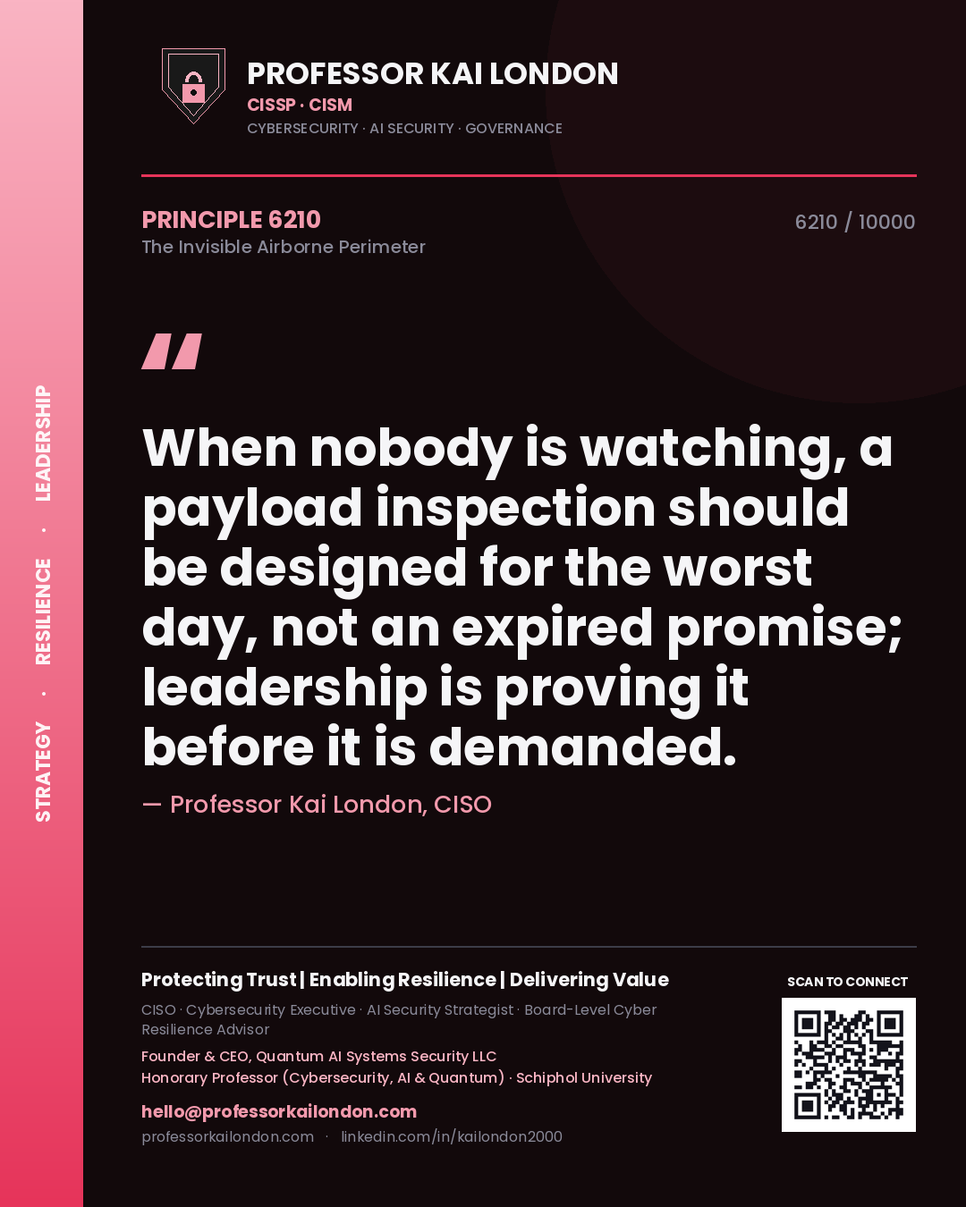 Quote card by Professor Kai London reading 'When nobody is watching, a payload inspection should be designed for the worst day, not an expired promise; leadership is proving it before it is demanded.'. From the book The Invisible Airborne Perimeter.