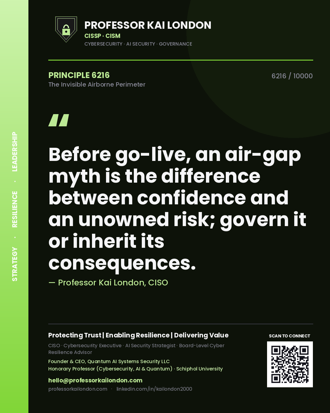 Quote card by Professor Kai London reading 'Before go-live, an air-gap myth is the difference between confidence and an unowned risk; govern it or inherit its consequences.'. From the book The Invisible Airborne Perimeter.