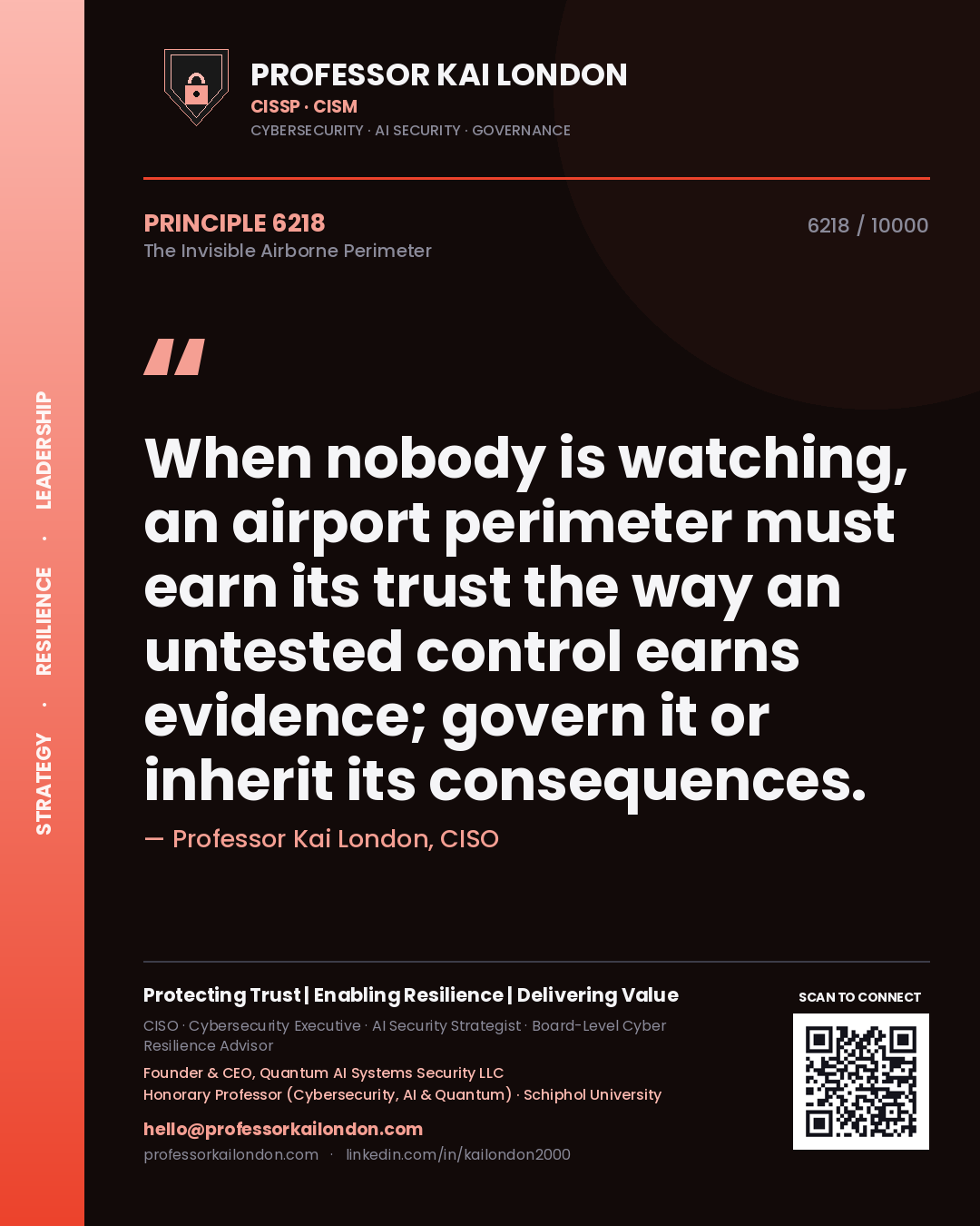 Quote card by Professor Kai London reading 'When nobody is watching, an airport perimeter must earn its trust the way an untested control earns evidence; govern it or inherit its consequences.'. From the book The Invisible Airborne Perimeter.