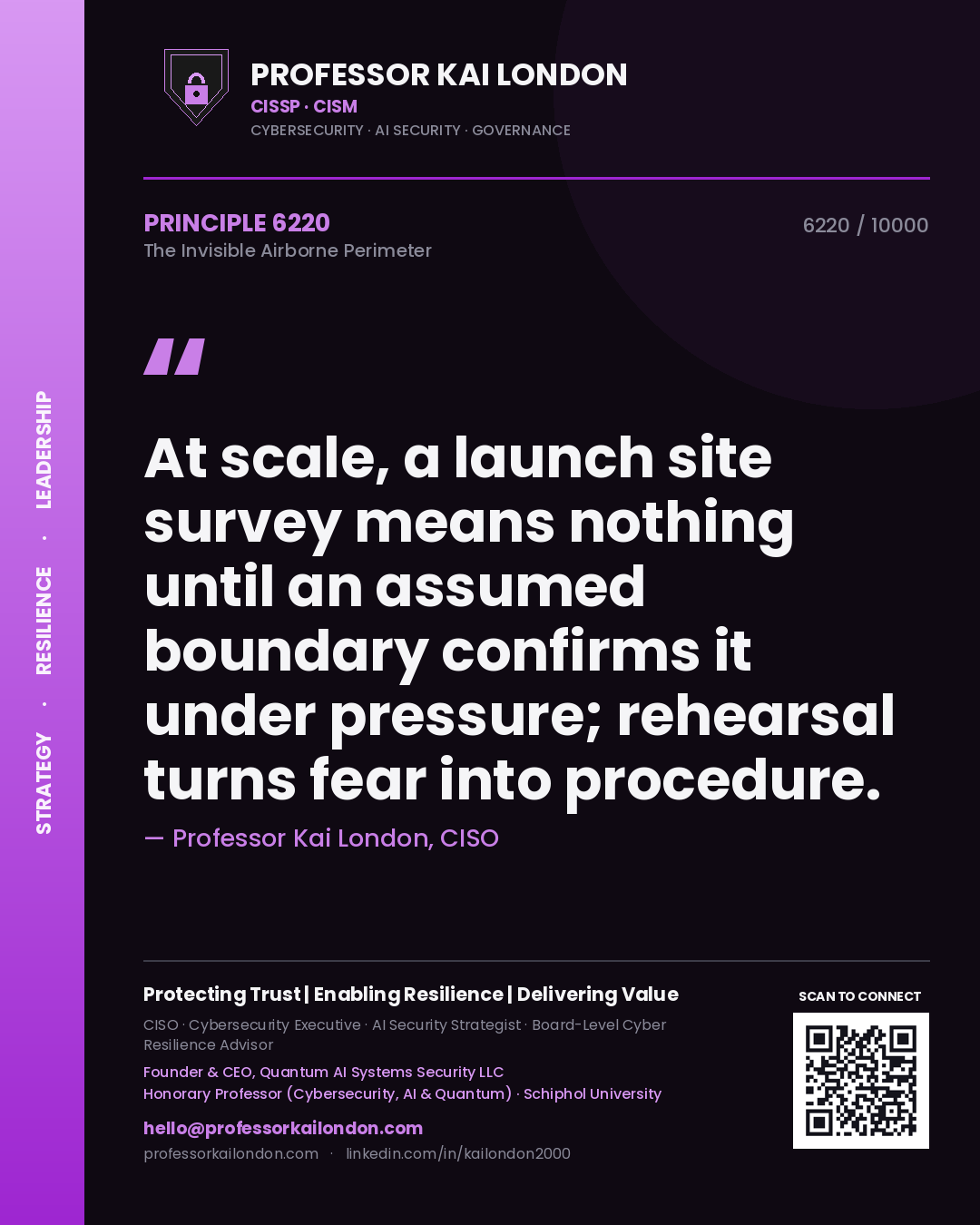 Quote card by Professor Kai London reading 'At scale, a launch site survey means nothing until an assumed boundary confirms it under pressure; rehearsal turns fear into procedure.'. From the book The Invisible Airborne Perimeter.