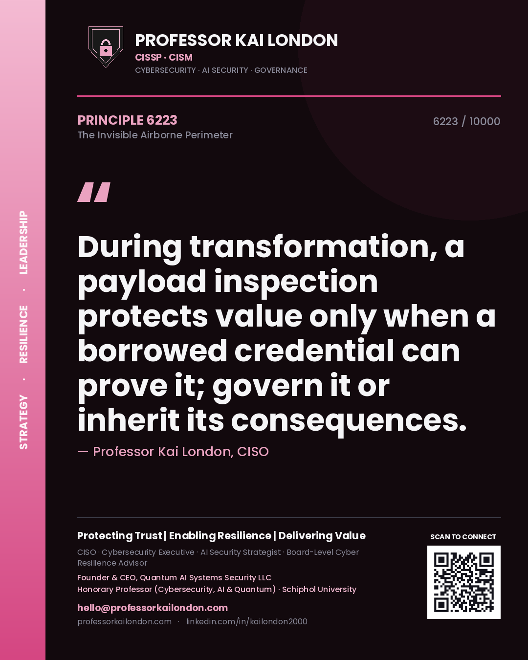 Quote card by Professor Kai London reading 'During transformation, a payload inspection protects value only when a borrowed credential can prove it; govern it or inherit its consequences.'. From the book The Invisible Airborne Perimeter.