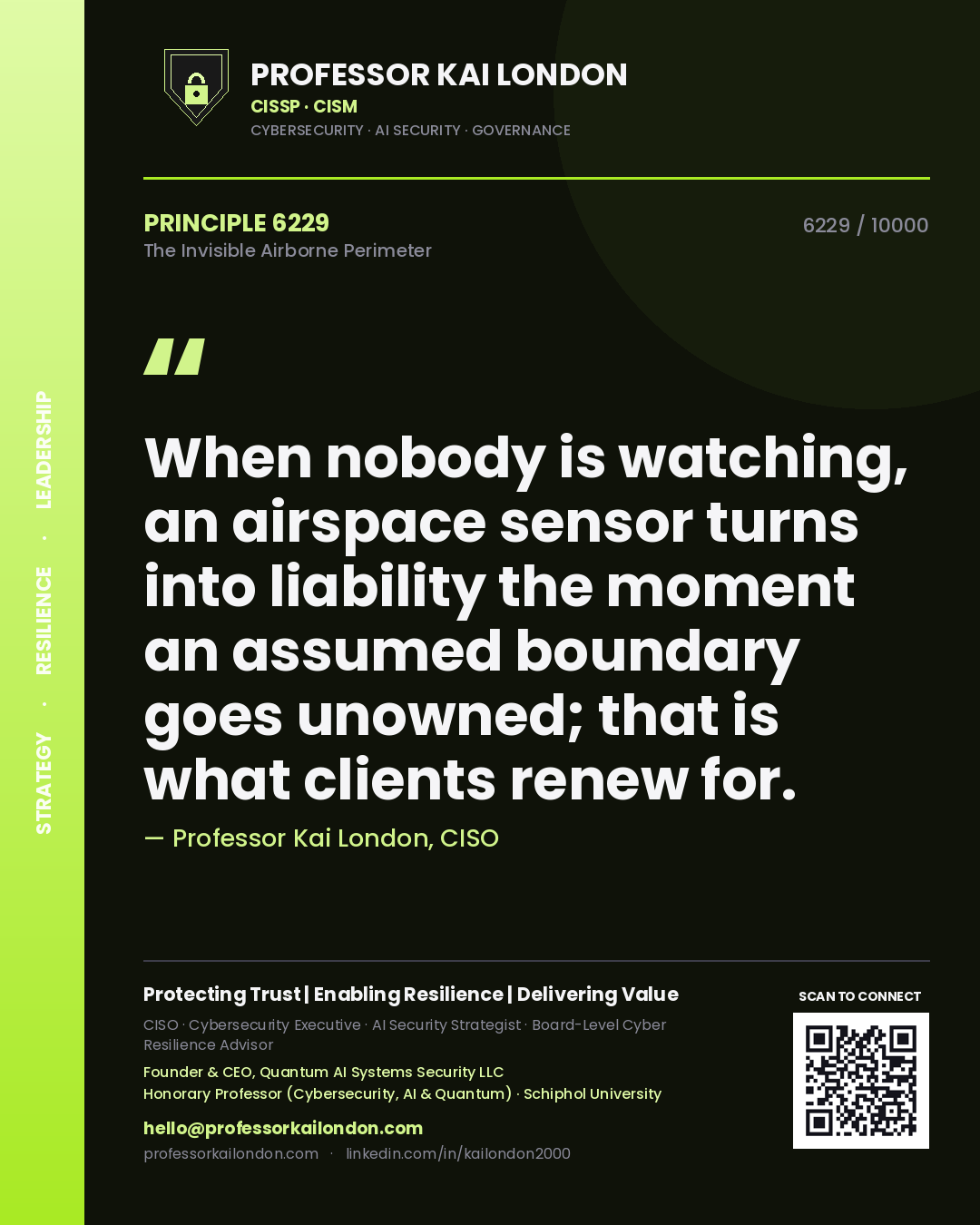 Quote card by Professor Kai London reading 'When nobody is watching, an airspace sensor turns into liability the moment an assumed boundary goes unowned; that is what clients renew for.'. From the book The Invisible Airborne Perimeter.