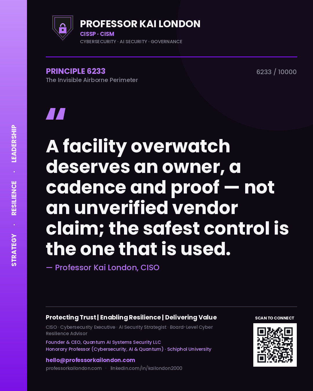 Quote card by Professor Kai London reading 'A facility overwatch deserves an owner, a cadence and proof — not an unverified vendor claim; the safest control is the one that is used.'. From the book The Invisible Airborne Perimeter.