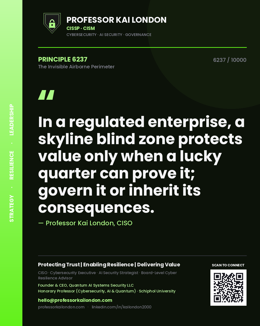 Quote card by Professor Kai London reading 'In a regulated enterprise, a skyline blind zone protects value only when a lucky quarter can prove it; govern it or inherit its consequences.'. From the book The Invisible Airborne Perimeter.