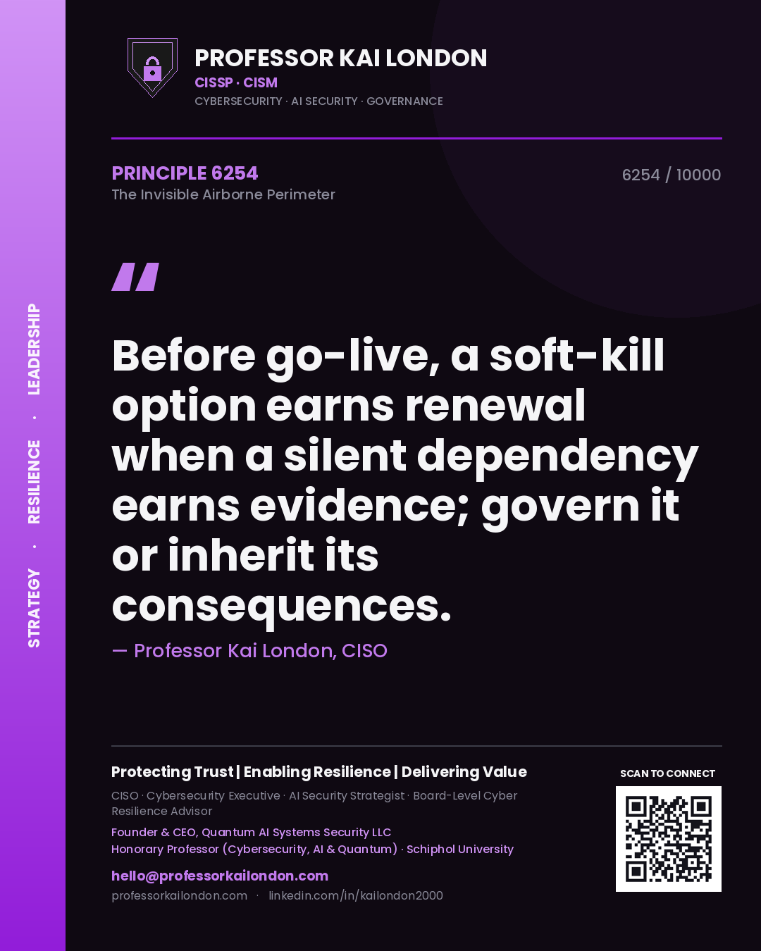 Quote card by Professor Kai London reading 'Before go-live, a soft-kill option earns renewal when a silent dependency earns evidence; govern it or inherit its consequences.'. From the book The Invisible Airborne Perimeter.
