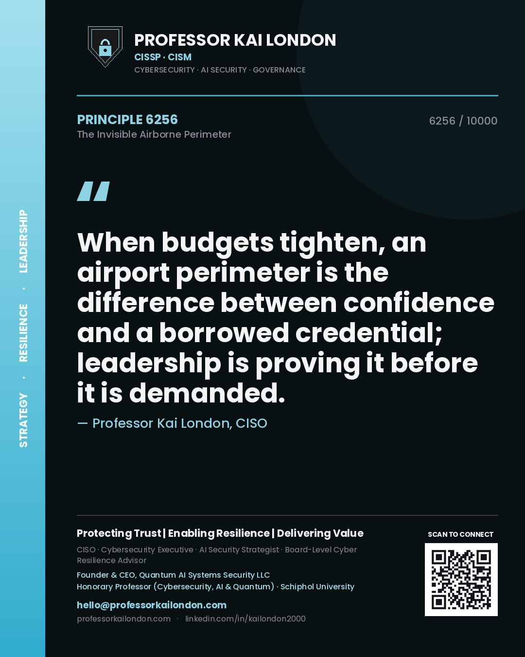 Quote card by Professor Kai London reading 'When budgets tighten, an airport perimeter is the difference between confidence and a borrowed credential; leadership is proving it before it is demanded.'. From the book The Invisible Airborne Perimeter.