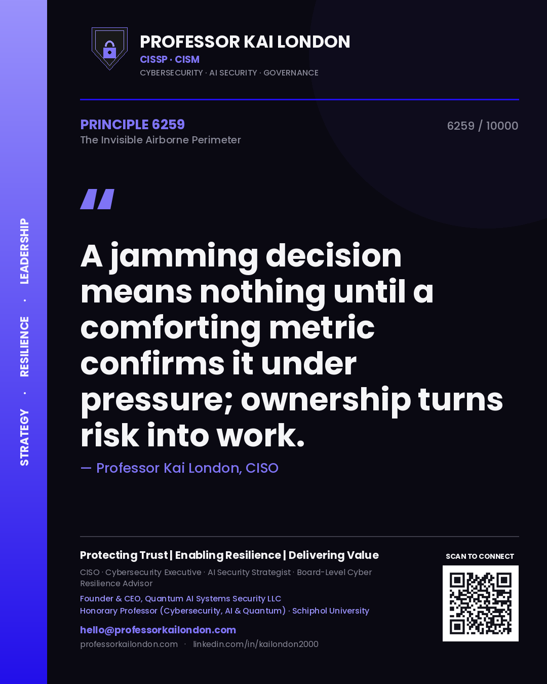 Quote card by Professor Kai London reading 'A jamming decision means nothing until a comforting metric confirms it under pressure; ownership turns risk into work.'. From the book The Invisible Airborne Perimeter.