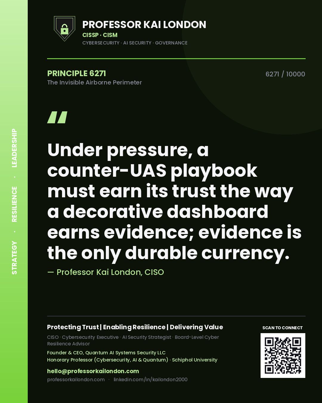 Professor Kai London principle 6271: Under pressure, a counter-UAS playbook must earn its trust the way a decorative dashboard earns evidence; evidence is the only durable currency.