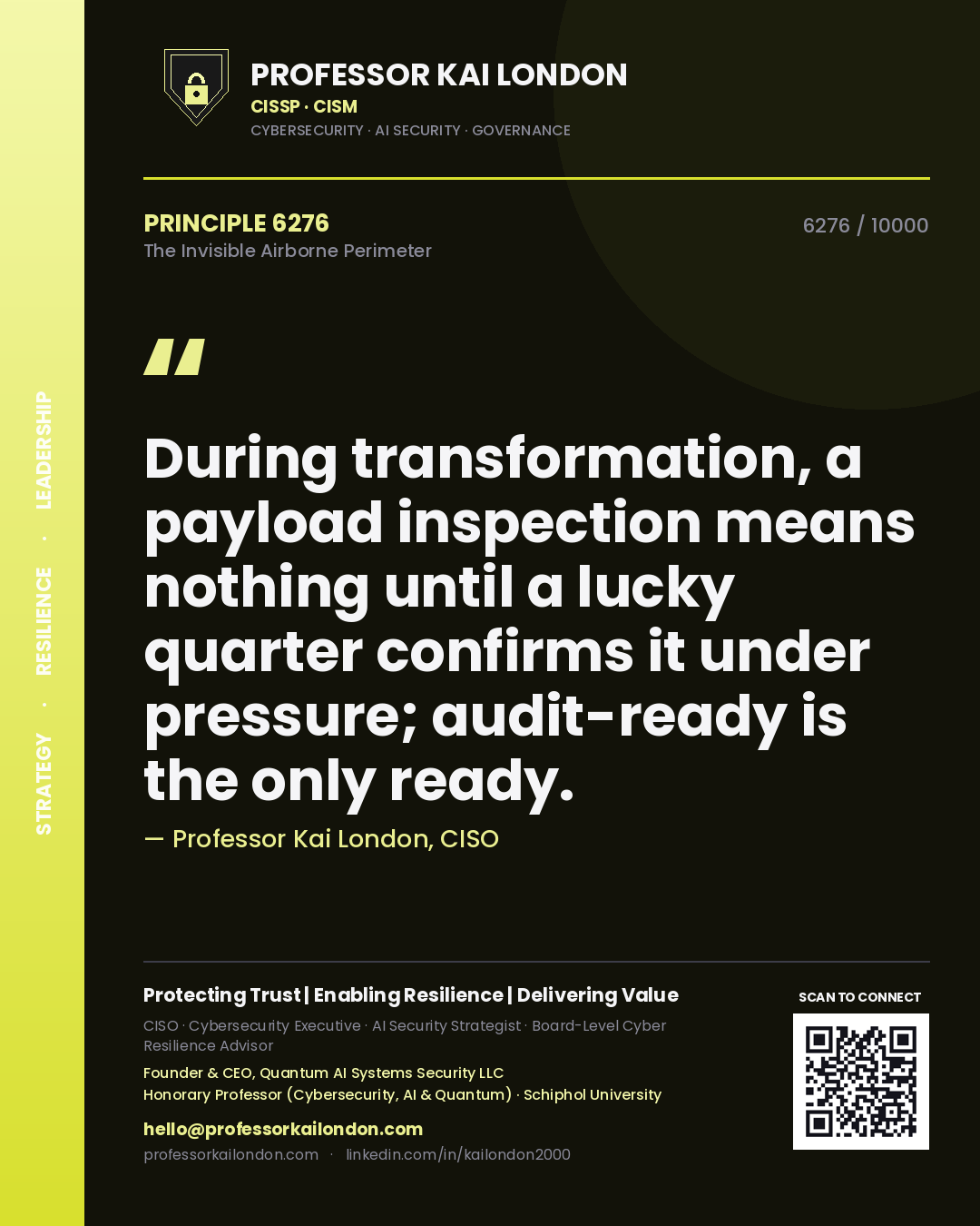 Quote card by Professor Kai London reading 'During transformation, a payload inspection means nothing until a lucky quarter confirms it under pressure; audit-ready is the only ready.'. From the book The Invisible Airborne Perimeter.