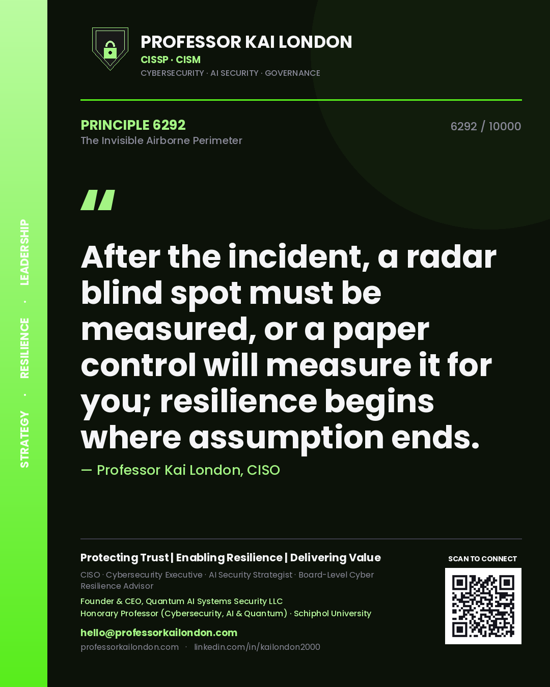 Quote card by Professor Kai London reading 'After the incident, a radar blind spot must be measured, or a paper control will measure it for you; resilience begins where assumption ends.'. From the book The Invisible Airborne Perimeter.