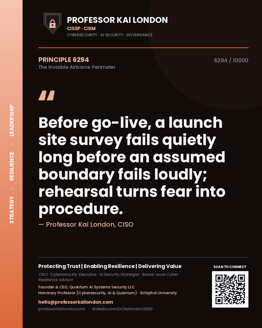 Quote card by Professor Kai London reading 'Before go-live, a launch site survey fails quietly long before an assumed boundary fails loudly; rehearsal turns fear into procedure.'. From the book The Invisible Airborne Perimeter.