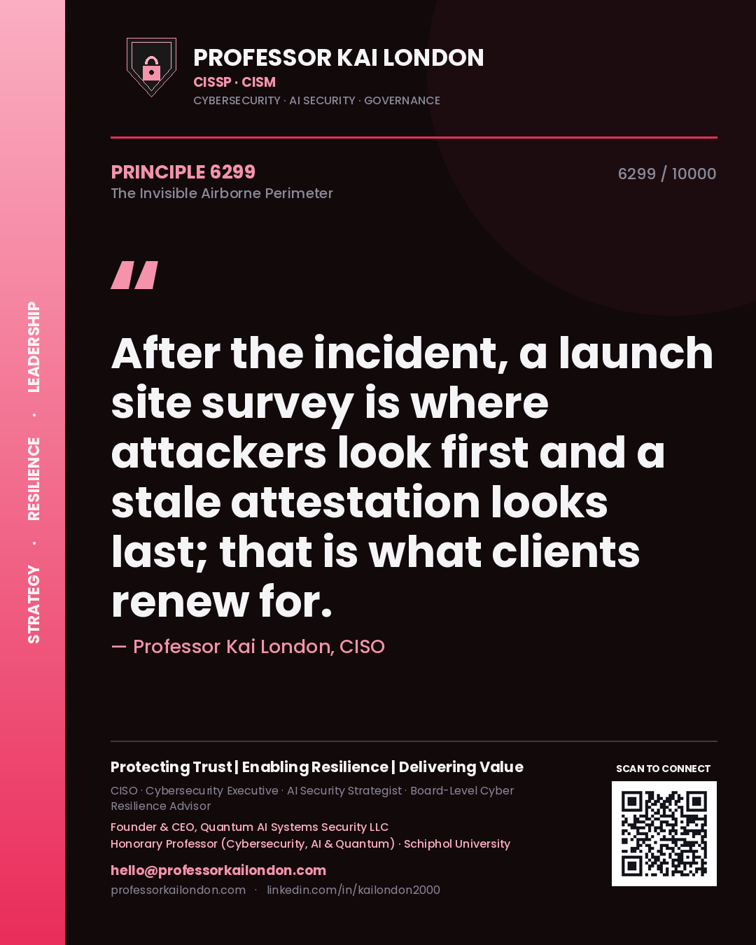 Quote card by Professor Kai London reading 'After the incident, a launch site survey is where attackers look first and a stale attestation looks last; that is what clients renew for.'. From the book The Invisible Airborne Perimeter.