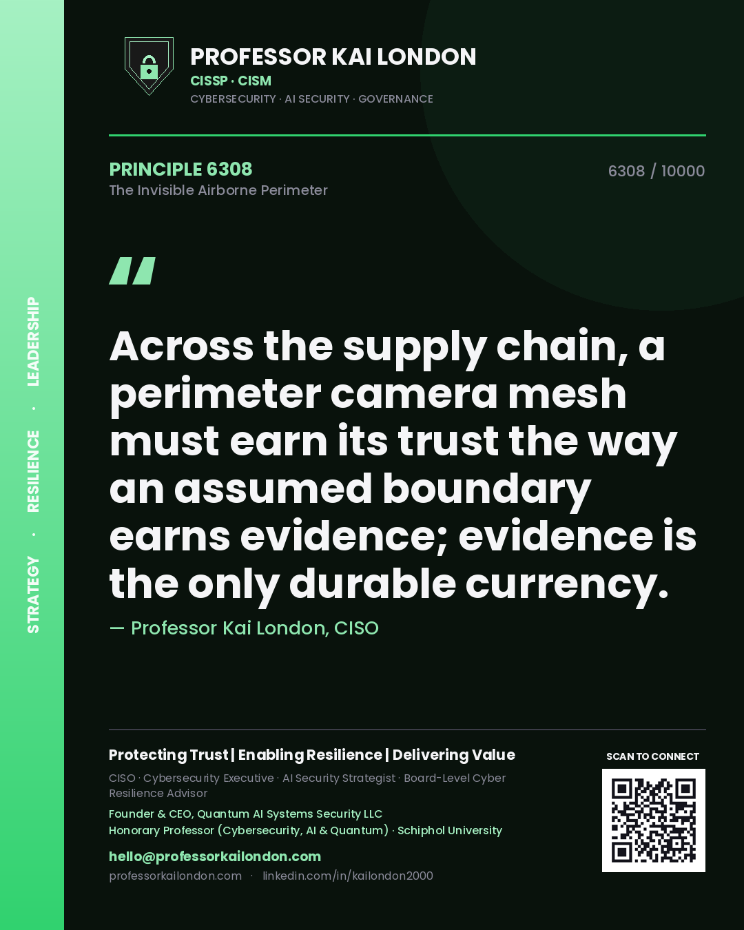 Professor Kai London principle 6308: Across the supply chain, a perimeter camera mesh must earn its trust the way an assumed boundary earns evidence; evidence is the only durable currency.