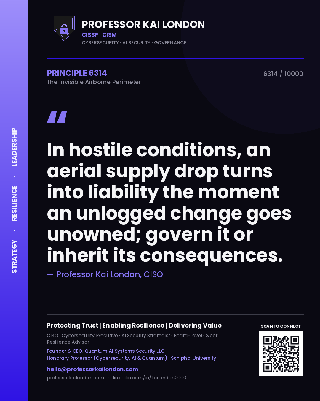 Quote card by Professor Kai London reading 'In hostile conditions, an aerial supply drop turns into liability the moment an unlogged change goes unowned; govern it or inherit its consequences.'. From the book The Invisible Airborne Perimeter.