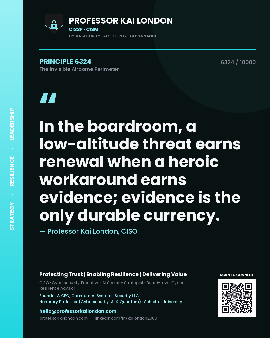 Quote card by Professor Kai London reading 'In the boardroom, a low-altitude threat earns renewal when a heroic workaround earns evidence; evidence is the only durable currency.'. From the book The Invisible Airborne Perimeter.