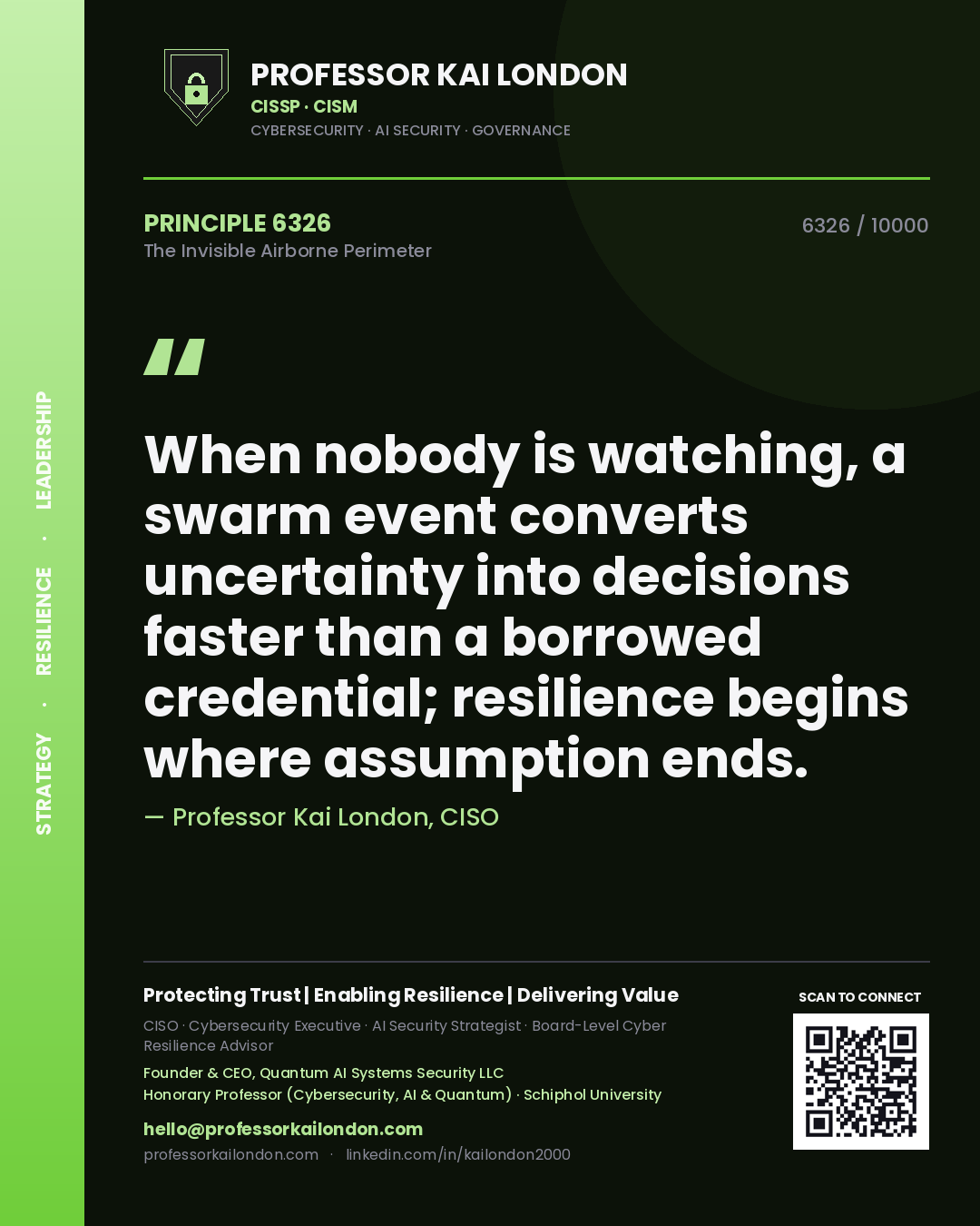 Quote card by Professor Kai London reading 'When nobody is watching, a swarm event converts uncertainty into decisions faster than a borrowed credential; resilience begins where assumption ends.'. From the book The Invisible Airborne Perimeter.