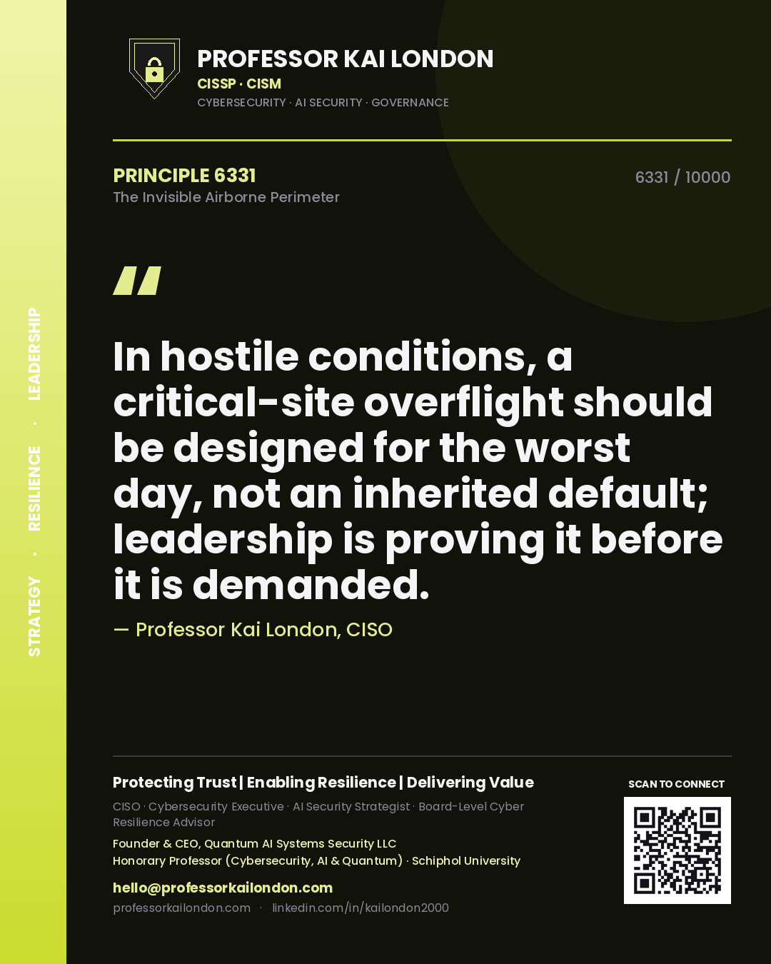 Professor Kai London principle 6331: In hostile conditions, a critical-site overflight should be designed for the worst day, not an inherited default; leadership is proving it before it is demanded.