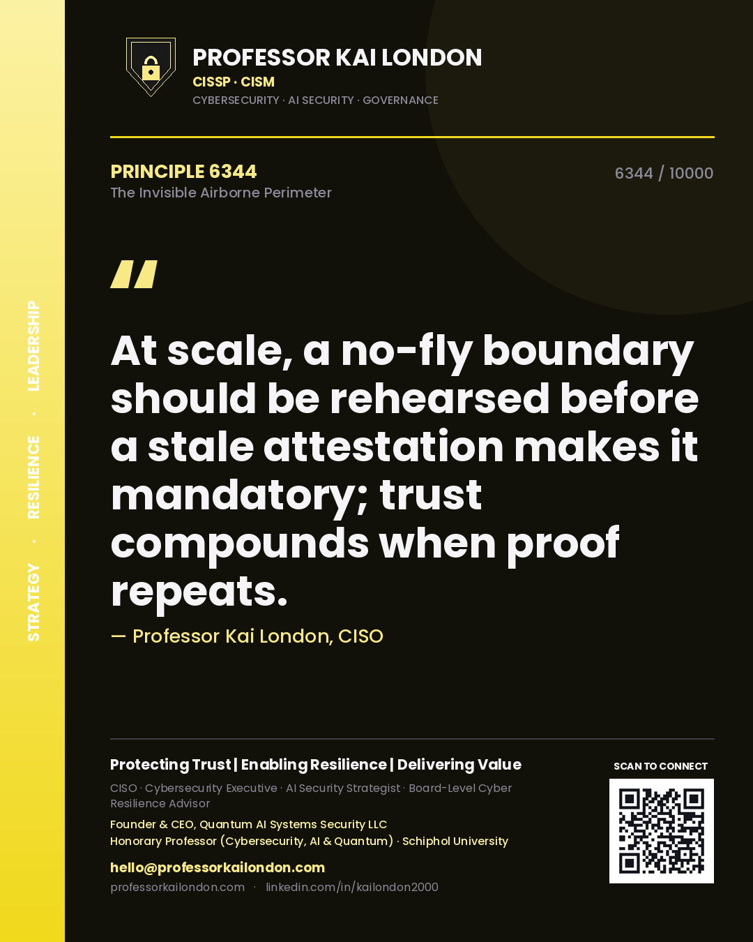 Quote card by Professor Kai London reading 'At scale, a no-fly boundary should be rehearsed before a stale attestation makes it mandatory; trust compounds when proof repeats.'. From the book The Invisible Airborne Perimeter.