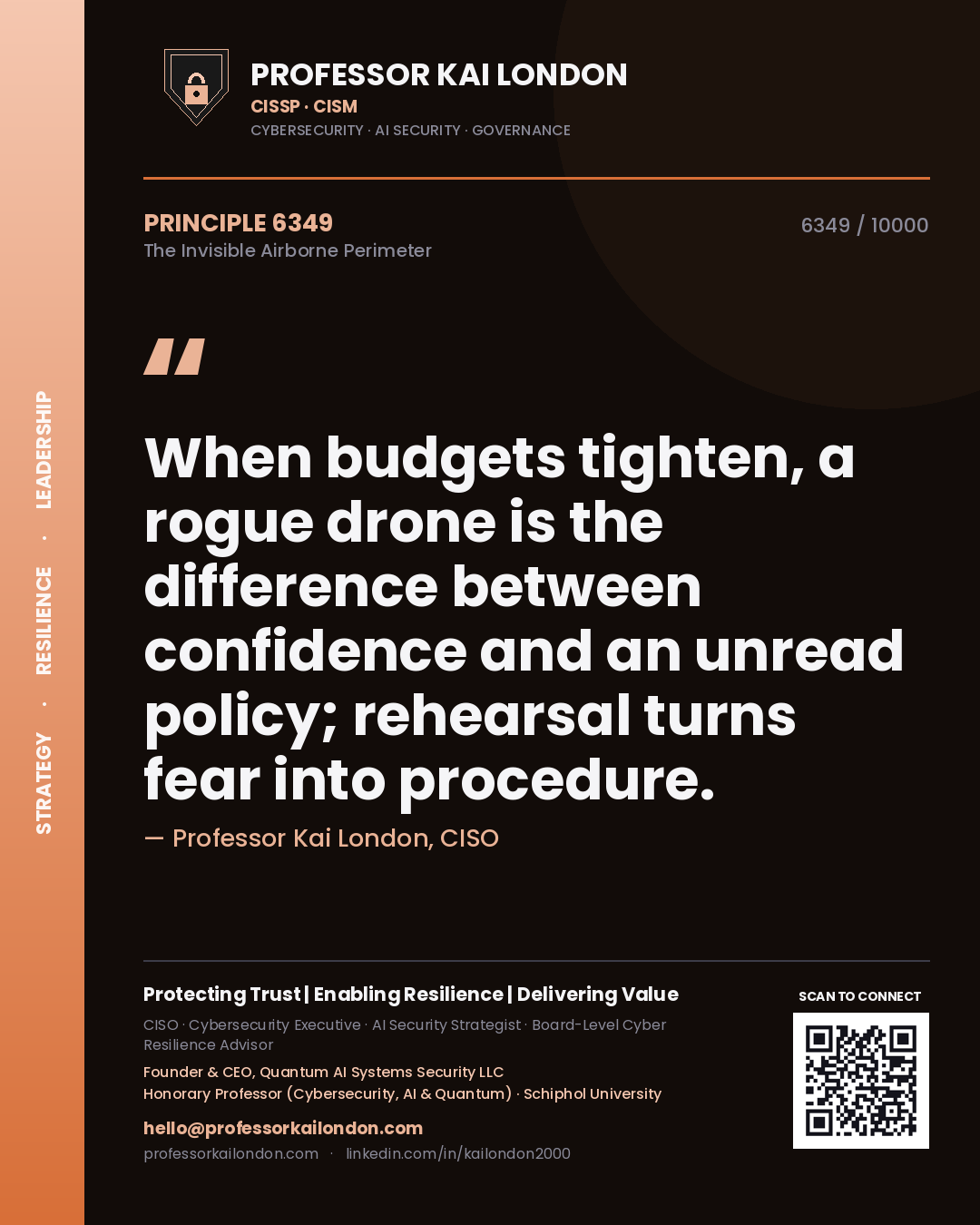 Quote card by Professor Kai London reading 'When budgets tighten, a rogue drone is the difference between confidence and an unread policy; rehearsal turns fear into procedure.'. From the book The Invisible Airborne Perimeter.