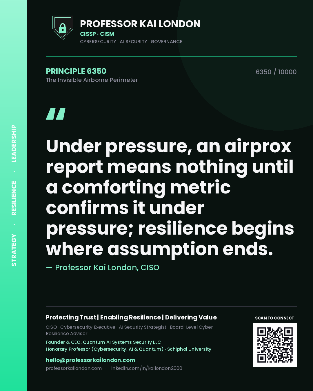 Quote card by Professor Kai London reading 'Under pressure, an airprox report means nothing until a comforting metric confirms it under pressure; resilience begins where assumption ends.'. From the book The Invisible Airborne Perimeter.