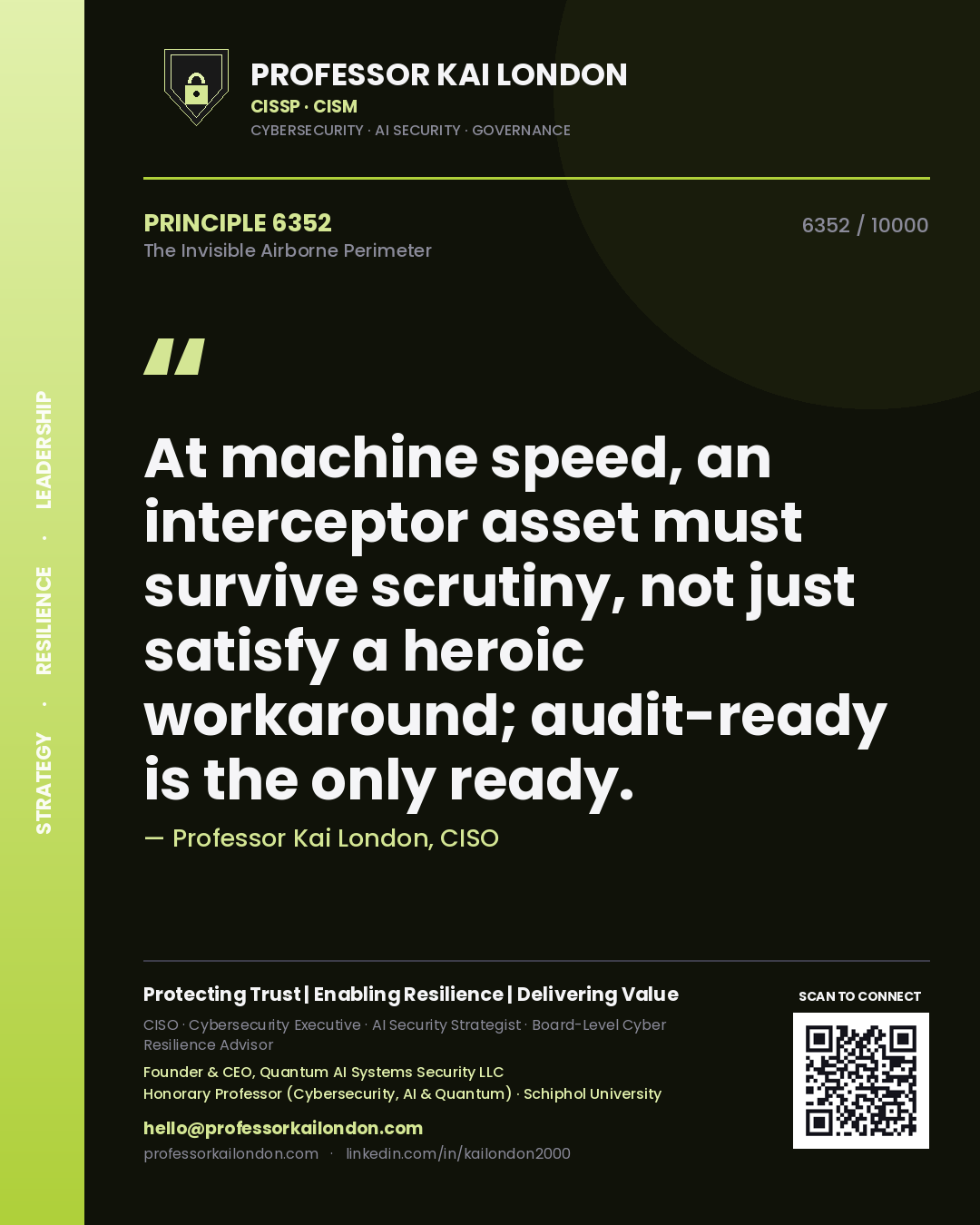 Quote card by Professor Kai London reading 'At machine speed, an interceptor asset must survive scrutiny, not just satisfy a heroic workaround; audit-ready is the only ready.'. From the book The Invisible Airborne Perimeter.