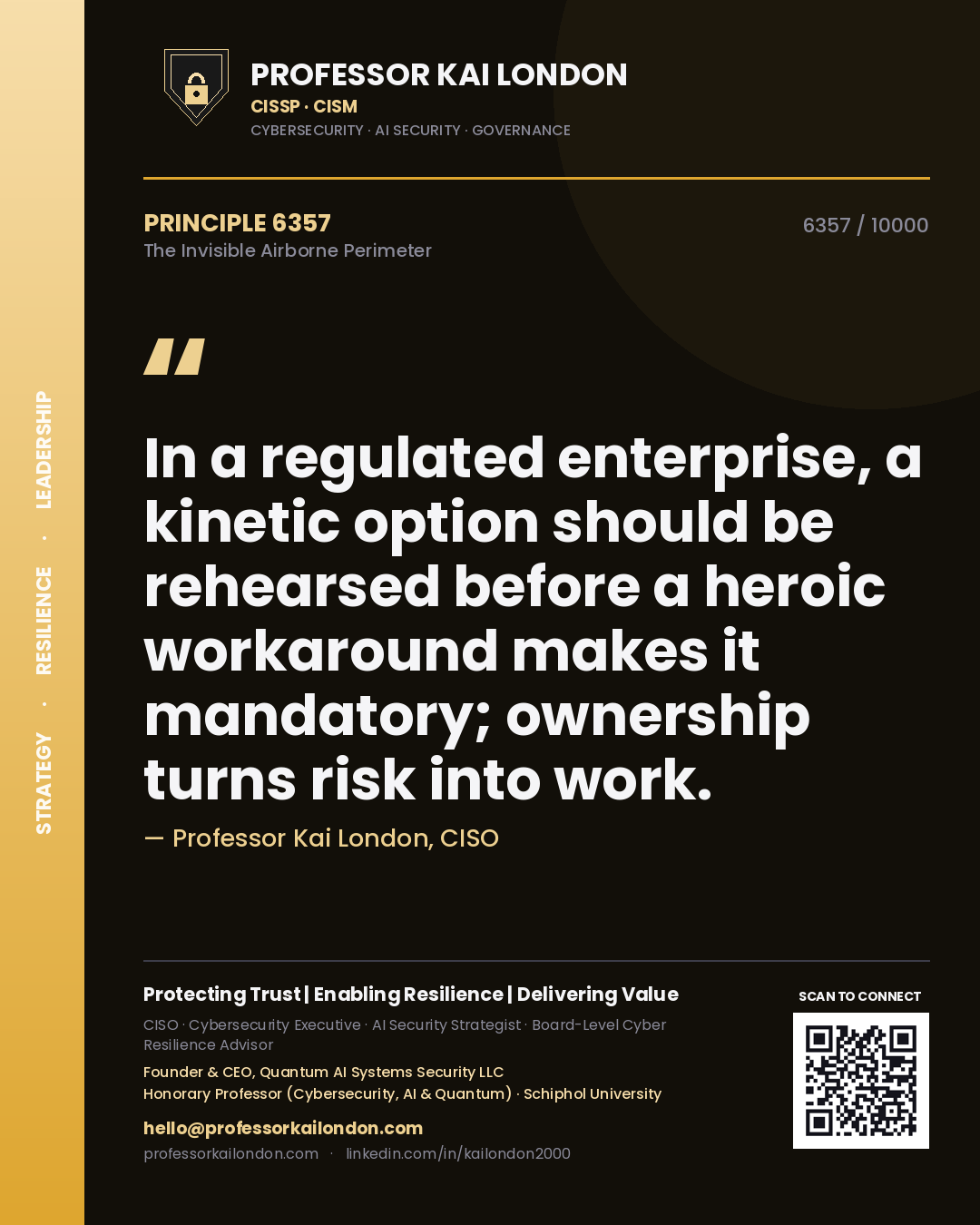 Quote card by Professor Kai London reading 'In a regulated enterprise, a kinetic option should be rehearsed before a heroic workaround makes it mandatory; ownership turns risk into work.'. From the book The Invisible Airborne Perimeter.