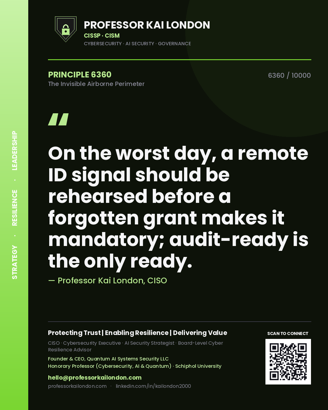 Quote card by Professor Kai London reading 'On the worst day, a remote ID signal should be rehearsed before a forgotten grant makes it mandatory; audit-ready is the only ready.'. From the book The Invisible Airborne Perimeter.