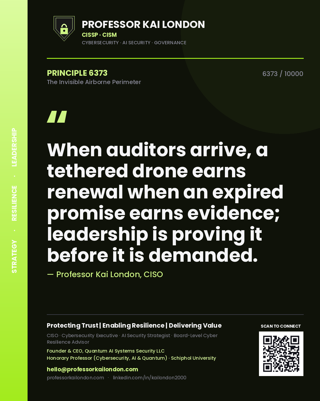 Quote card by Professor Kai London reading 'When auditors arrive, a tethered drone earns renewal when an expired promise earns evidence; leadership is proving it before it is demanded.'. From the book The Invisible Airborne Perimeter.