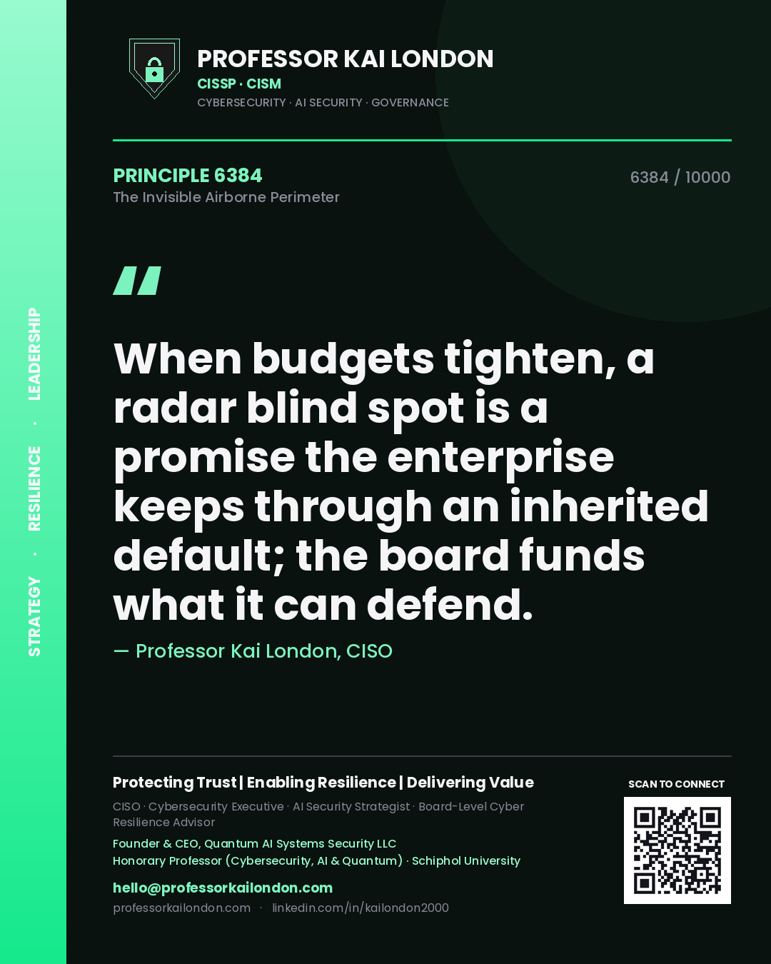 Quote card by Professor Kai London reading 'When budgets tighten, a radar blind spot is a promise the enterprise keeps through an inherited default; the board funds what it can defend.'. From the book The Invisible Airborne Perimeter.