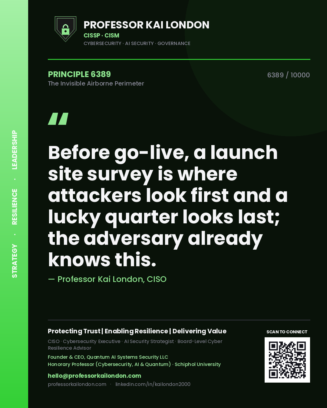 Professor Kai London principle 6389: Before go-live, a launch site survey is where attackers look first and a lucky quarter looks last; the adversary already knows this.