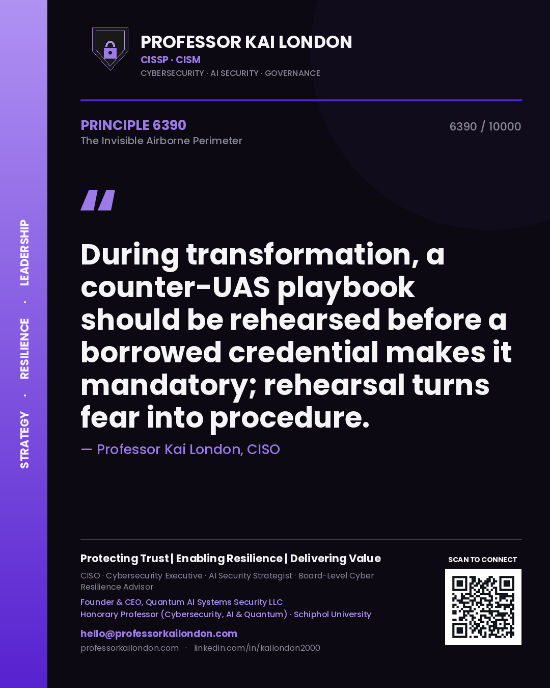 Quote card by Professor Kai London reading 'During transformation, a counter-UAS playbook should be rehearsed before a borrowed credential makes it mandatory; rehearsal turns fear into procedure.'. From the book The Invisible Airborne Perimeter.