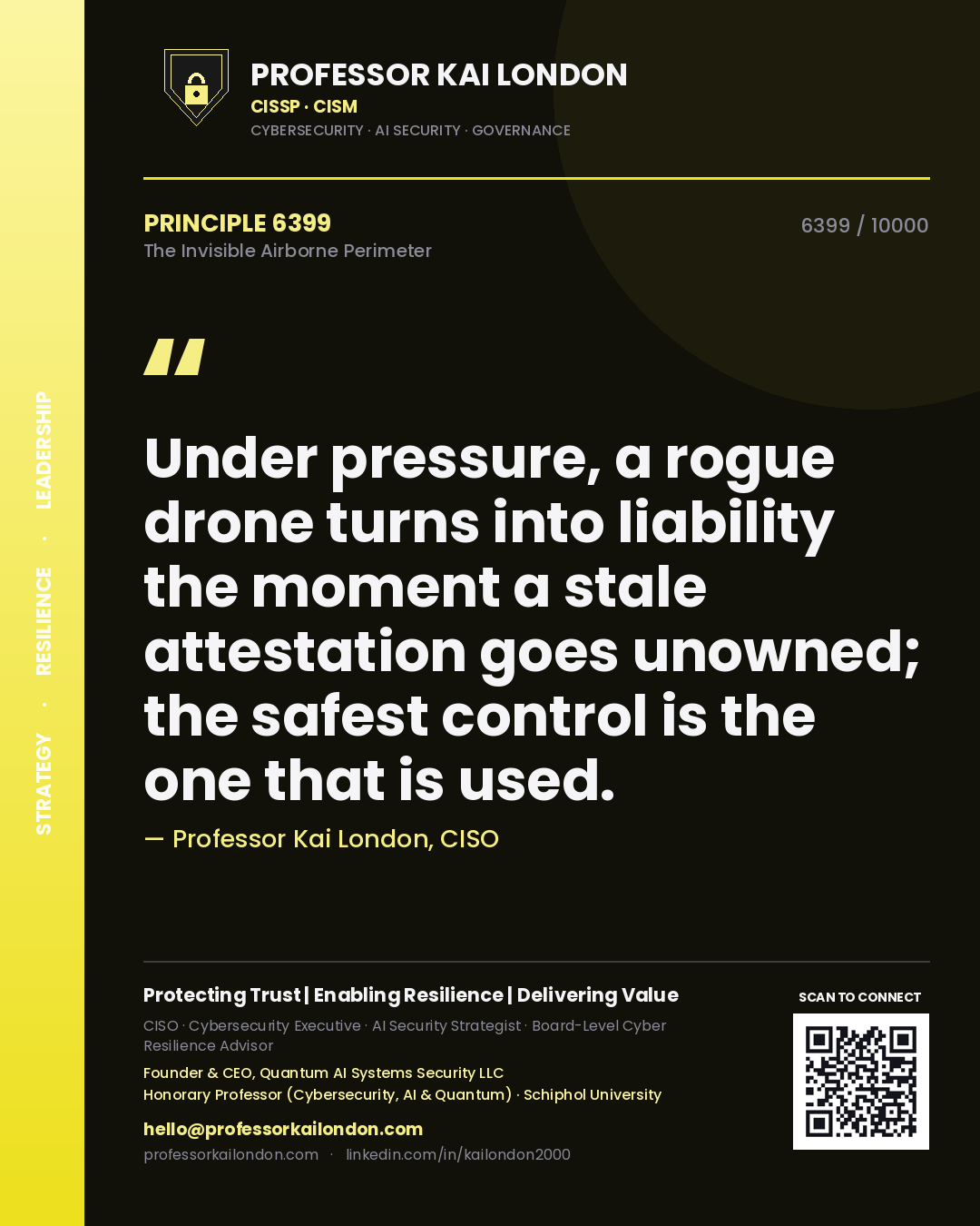 Quote card by Professor Kai London reading 'Under pressure, a rogue drone turns into liability the moment a stale attestation goes unowned; the safest control is the one that is used.'. From the book The Invisible Airborne Perimeter.